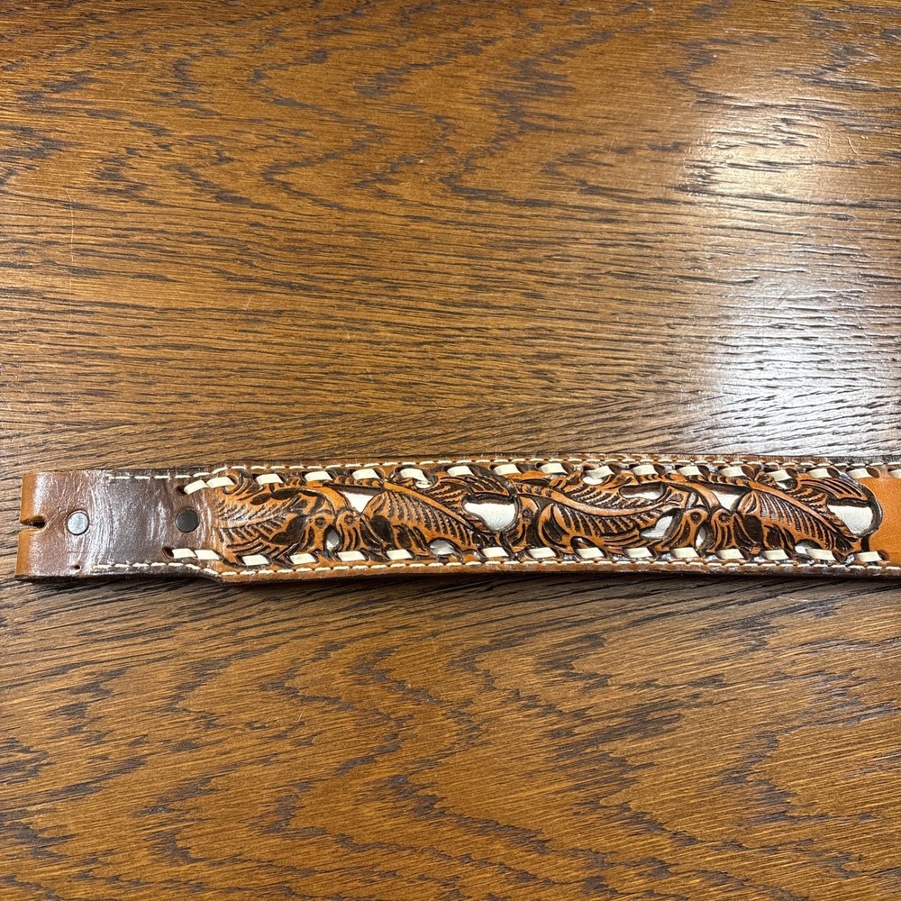 Vintage Hand Tooled Leather Belt Name "Roger" Brown Men 36 Circle G No Buckle - Picture 3 of 8